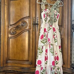 Chic Floral Hot Pink Marigold Tired Whimsical Feminine Maxi lined Dress Small